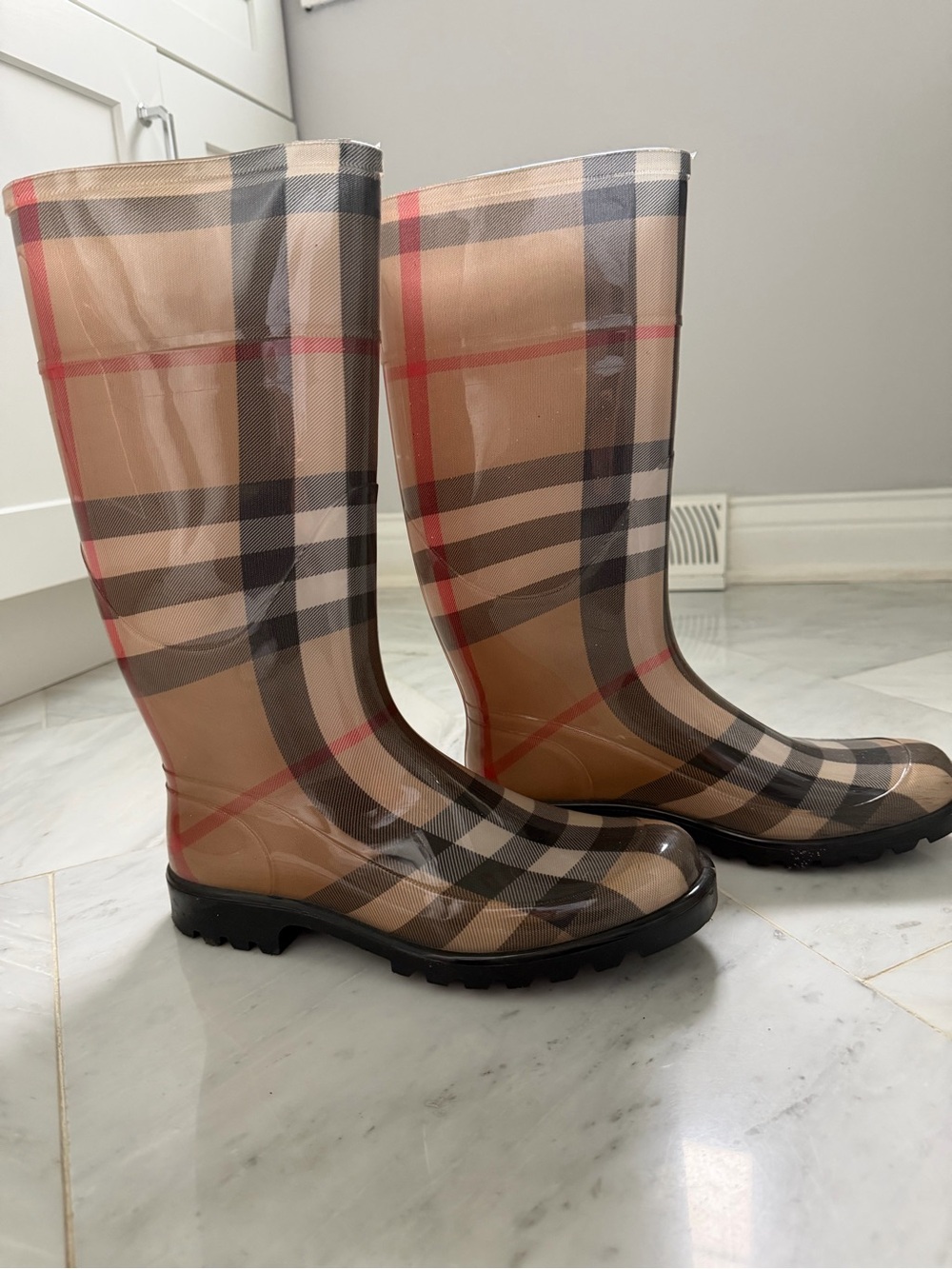 Burberry Beige Plaid and Black Authentic Rubber Rainboot